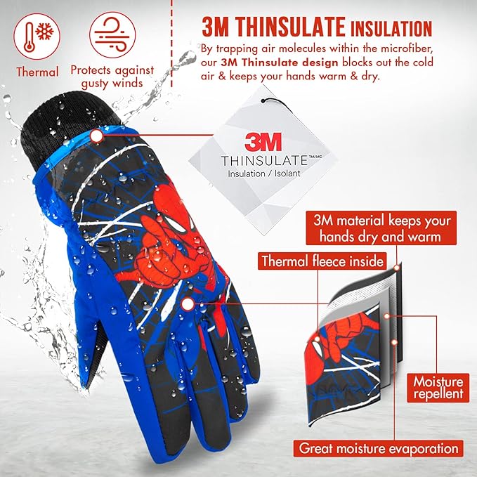 Spiderman Snow Gloves for Kids, Spider Man Toddler Gloves, 3M Thinsulate Waterproof Mittens, Kids Winter gloves