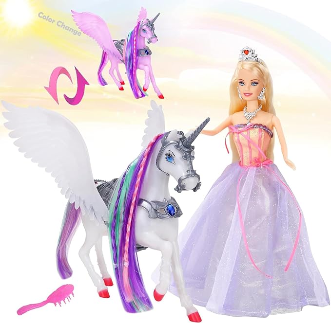 MEGAFUN Color Change Unicorn Toys & Princess Doll, Unicorn Doll with Rainbow Braided Hair, Removable Saddle&Wings, Princess Toy Unicorn Gifts for Girls