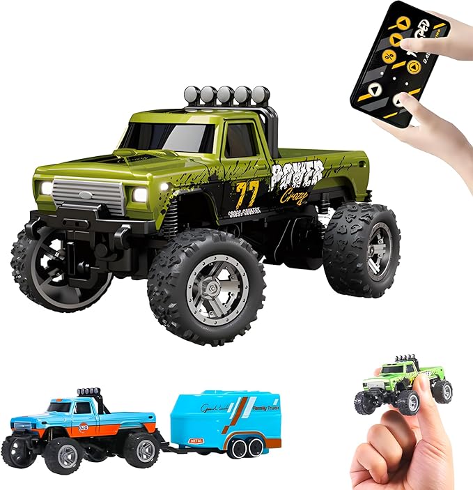 Mini Rc Truck, 1:64 Scale Monster Truck Remote Control Car with Lights, 2.4Ghz Remote Control, Speed/Steering Adjustable (Green)