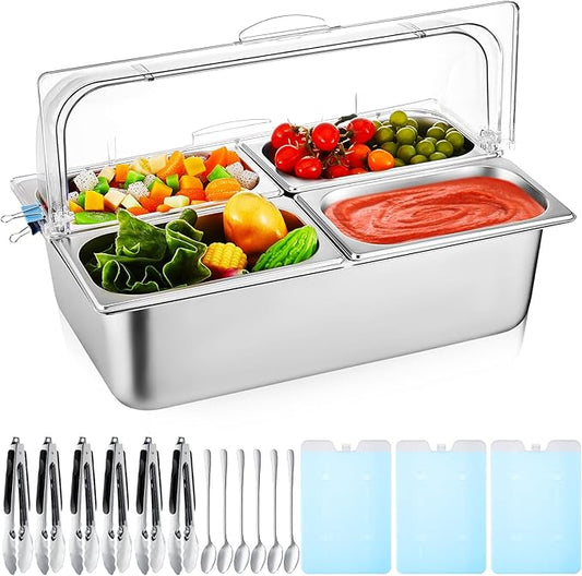 Tessco for you 16 Pcs Countertop Chilled Condiment Container Set with Lid, Stainless Steel Salad Cold Ice Food Spice Serving Display Caddy for Buffet Restaurant Kitchen Party(4 Compartments)