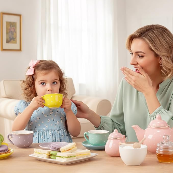 Porcelain Tea Set for Toddlers, Tea Party Set for Little Girls, Kids Tea Set Kitchen Pretend Play, Princess Tea Time Playset with Teapot Cups Carry Case, Toddler Girl Toys Birthday Gifts Age 3+