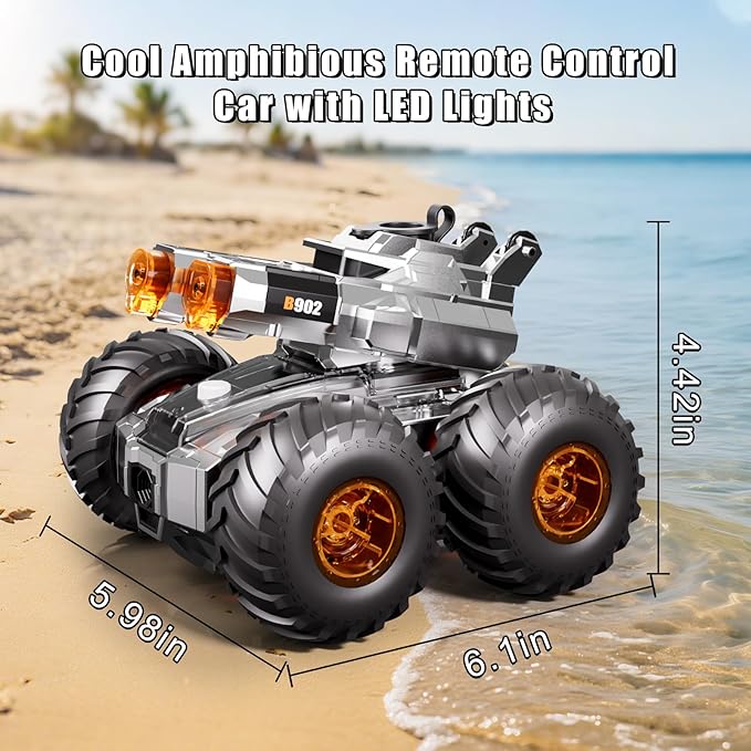 Waterproof Monster Truck Toy 4WD All-Terrain RC Cars, Amphibious Remote Control Car with Water Gun, Remote Control Boat Toys Gesture Sensing Rc Stunt Car, Birthday Gifts for Boys Age 8 9 10 11 12 Yrs