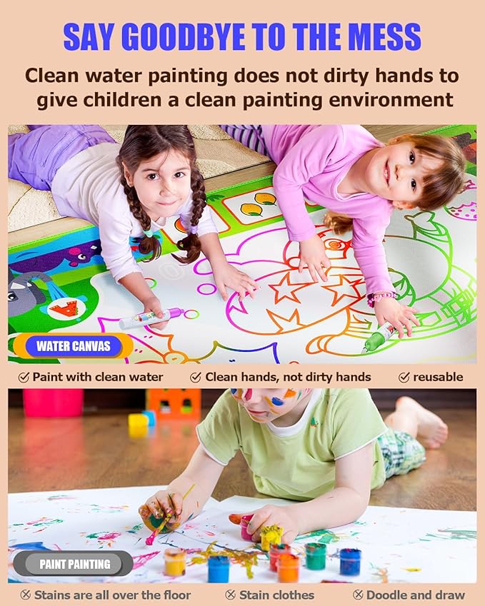 2 in 1 Water Doodle Mat,60 x 40 Inch Extra Large Drawing Mat with Backpack,Hopscotch Rug Design on Back,Educational Toys Gifts for Kids Boys Girls,Mess Free Painting for Toddlers Age 3-12 Year Old