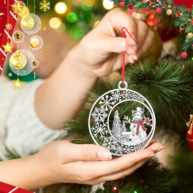 Metal Snow Christmas Tree Ornaments 2025 - Pewter Plated Vintage Style Holiday Ornament with Hanging Cord