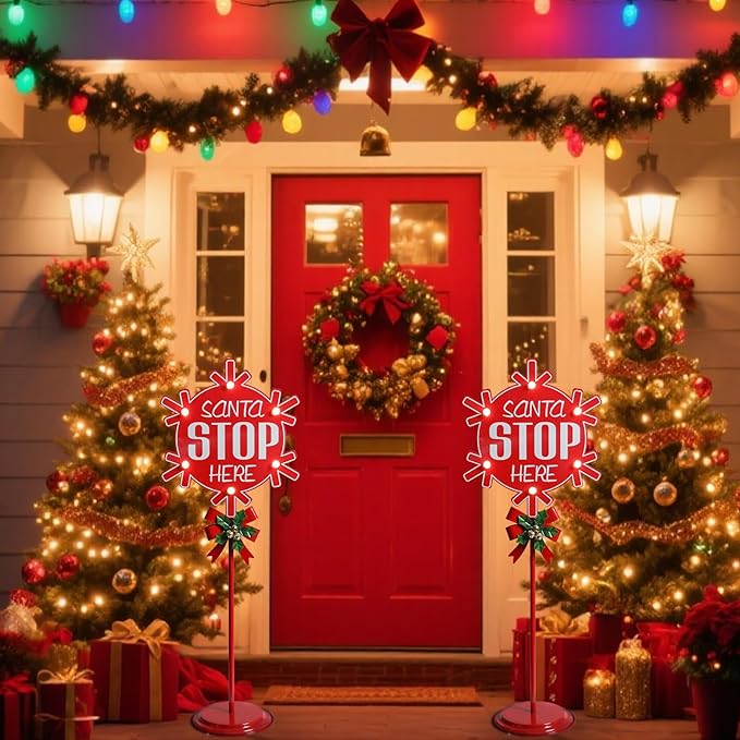 Christmas Santa Stop Here Sign with LED Light Battery Operated with Timer Christmas Stop Sign with Base Xmas Holiday Decorations Patio Lawn Yard Outdoor Display Decor