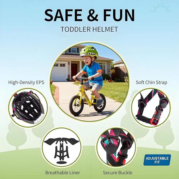 KINGBIKE Toddler Helmet 2-3-5-8 Years Kids Balance Bike Helmets Size Adjustable 3D Dinosaur with Led Light for Skateboard Scooter Cycling Skaterolling