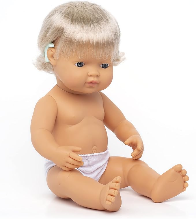 Miniland Doll 15'' Caucasian Girl with Hearing Implant (Polybag) - Made is Spain, Anatomically Correct, Quality, Diverse