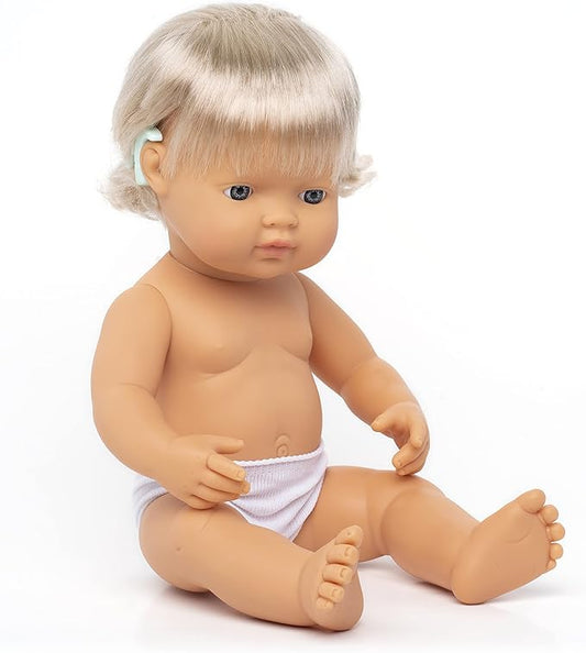 Miniland Doll 15'' Caucasian Girl with Hearing Implant (Polybag) - Made is Spain, Anatomically Correct, Quality, Diverse