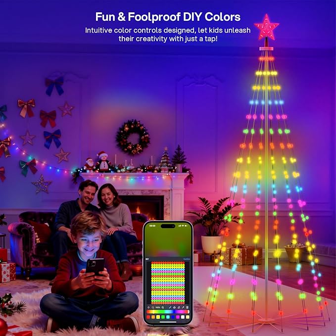 REYLAX 9FT Outdoor Christmas Cone Tree with 460 LEDs, RGB Color Changing Pre-lit Smart Christmas Tree Lights, DIY Lightshow, Music Sync, Outdoor Decoration Lights, App & Remote Control