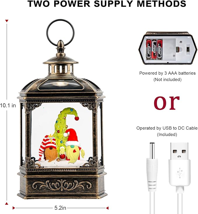 Musical Snow Globe Lantern Lighted Whimsical Christmas Tree & Gnomes Santa Elf Snow Water Lantern with Swirling Glittering Home Decoration and Gift, Battery Operated or USB Powered