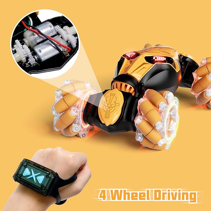 Gesture Sensing RC Car Hand Controlled Remote Control LED Car Toys for Kids 8-12 Years Old, 2.4GHz 4WD Double Sided 360° Flips Off Road Vehicle Toys w/Lights&Music, Boys Grils Brithday Gift