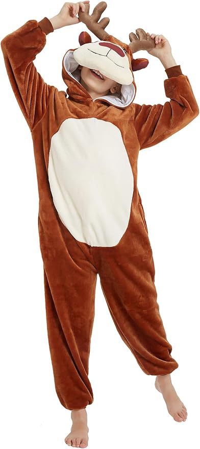 Kid Reindeer Onesie Pajamas Deer Halloween Costume Boy Girl Animal Onepiece (Brown, 8-9Years)