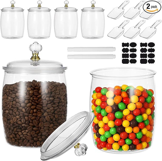 6 Pcs Candy and Cookie Jars, 74 oz Transparent Plastic Jars with Lids, Decorative Storage Containers with Scoops, Labels, and Markers, Airtight Food Canisters for Candy Buffets, Kitchens