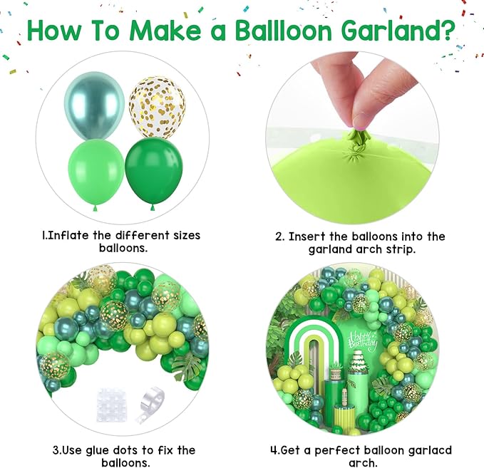 Paready Green Balloon Arch Kit, 120Pcs Dark Green Balloon Garland Kit Light Fruit Metallic Green Party Balloons Gold Confetti Balloons for Kids Jungle Theme Birthday Dinosaur Party Baby Shower
