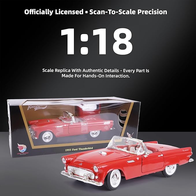 1955 Ford Thunderbird 1/18 Scale Die-Cast Metal Model Premium Classic Vintage Alloy Cars with Display Case, with Opening Doors, Best Gift for Men, Dad & Kids 14+ Years (Red)