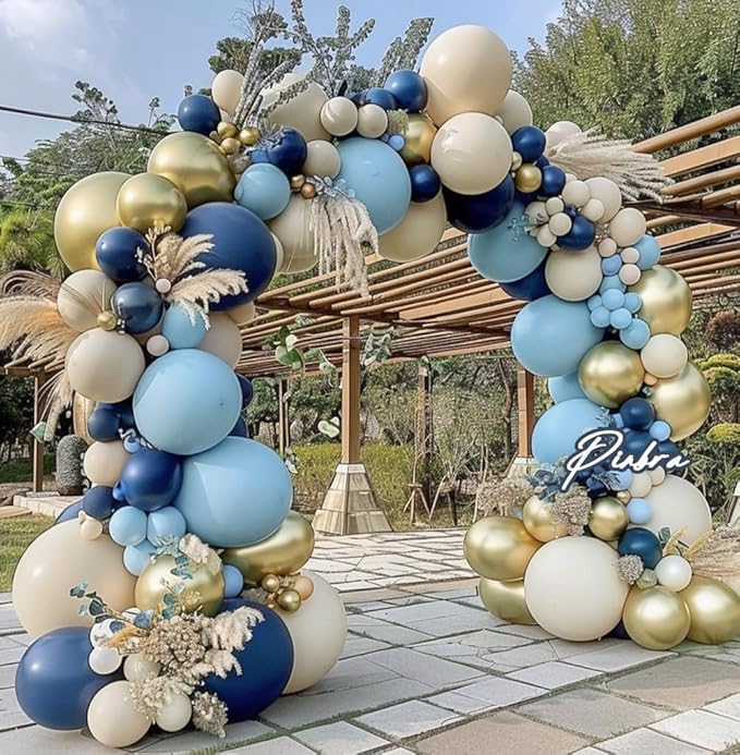 Navy Blue Balloon Garland Double Stuffed Dusty Blue Gold White Sand Balloons Beige Cream Metallic Latex Arch Kit for Neutral Baby Shower Gender Reveal Birthday Wedding Graduation Party Decorations