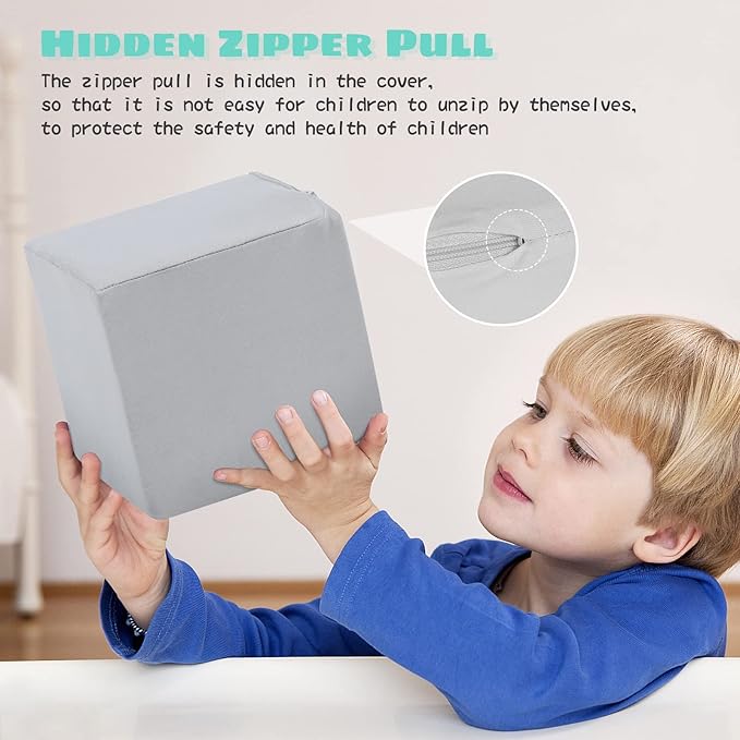 TRENDBOX 6 Pcs Toddler Foam Blocks, 5.5inch Soft Foam Cubes with Detachable Washable Cover, Soft Play Blocks for Toddlers and Kids (Light Gray/Blue)