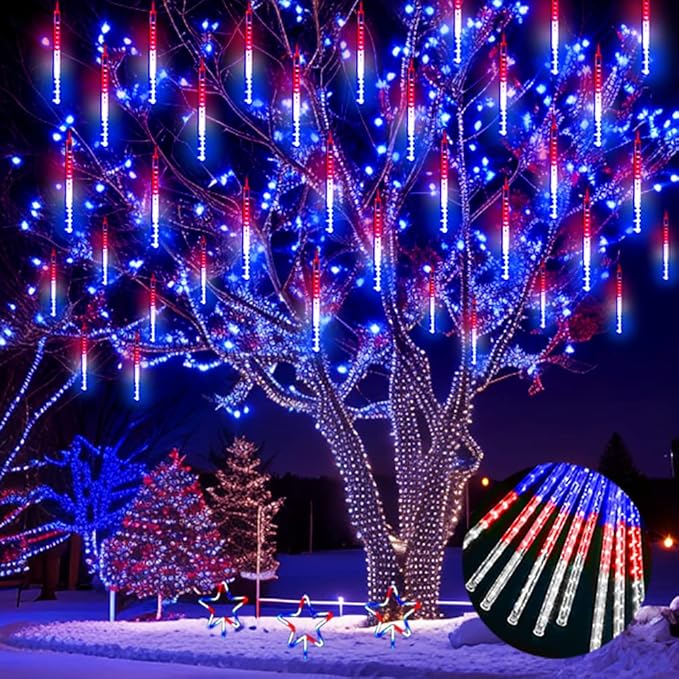 4th of July Decorations Outdoor, 12 Inch Red White and Blue Meteor Shower Lights for Independence/National/Memorial Day, LED Christmas Lights Outdoor for Yard Garden Tree Holiday Party
