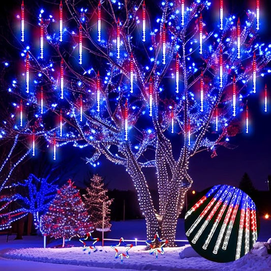 4th of July Decorations Outdoor, 12 Inch Red White and Blue Meteor Shower Lights for Independence/National/Memorial Day, LED Christmas Lights Outdoor for Yard Garden Tree Holiday Party