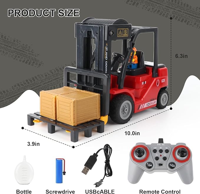 Remote Control Forklift Cranes 11 Channel 2 Mode RC Forklift Truck with Spray Sound and Lights Construction Toys 2.4Ghz 1:24 Scale Truck Toy for Toddler Kids for 3-7 Boys and Girls (Red)