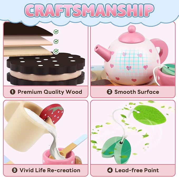 Wooden Tea Set for Little Girls Birthday Gift 3-4 Year Old Princess Toys Play Food Sets for Kids Kitchen Accessories Toddlers 3-5 Outdoor Party Pretend Food Dessert Cookies Wood Toy