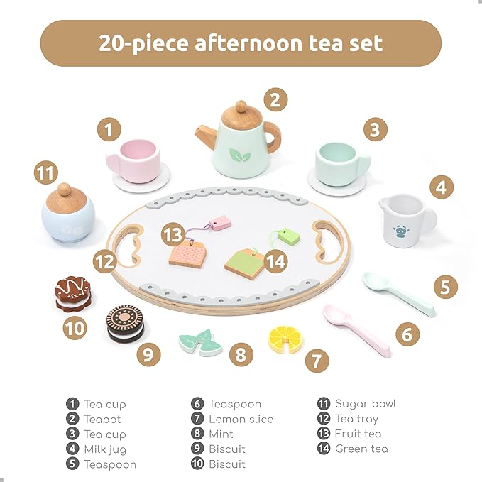 UMU® Wooden Tea Set for Kids – Pretend Play Tea Party Toy with Colorful Cups, Tea Bags, Lemon Slices & More – Montessori Role Play Toy for Ages 3 4 5 6