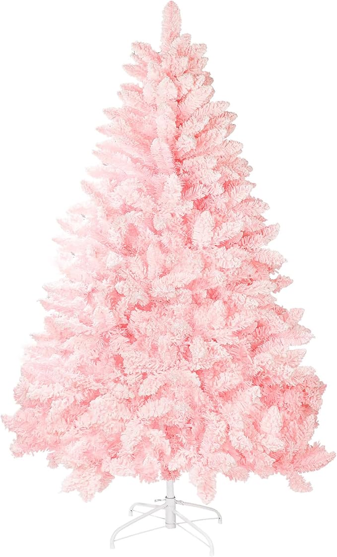 6ft Premium Hinged Artificial Holiday Christmas Tree for Home, Office, Party Decoration Snow Flocked Xmas Pine with 1,000 Branch Tips, Easy Assembly, Metal Hinges & Base (Pink)