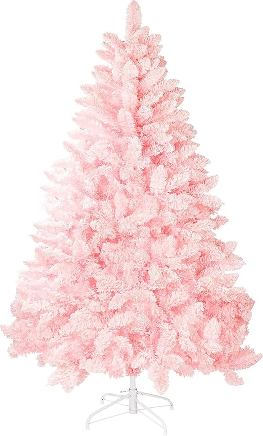6ft Premium Hinged Artificial Holiday Christmas Tree for Home, Office, Party Decoration Snow Flocked Xmas Pine with 1,000 Branch Tips, Easy Assembly, Metal Hinges & Base (Pink)