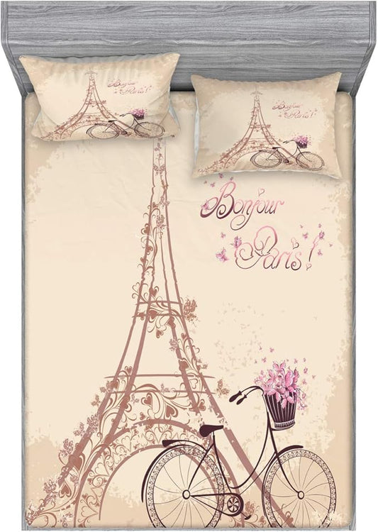 Ambesonne Paris Fitted Sheet & Pillow Sham Set, Eiffel Tower Floral Style Romantic Vintage Bike with Flowers Bonjour Paris Words Print, Decorative Printed 3 Piece Bedding Decor Set, Queen, Beige