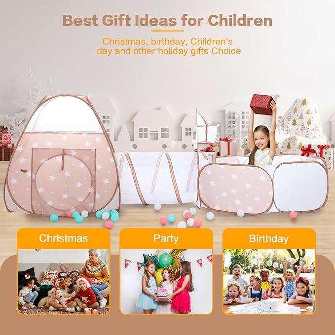 SISTICKER 3 in 1 Kids Play Tent: with Baby Ball Pit and Play Tunnel - Toddler Climbing Toys for Boys Girls Babies - Indoor Outdoor Pop Up Tunnel Toys Gift for Year Old (Balls NOT Included)