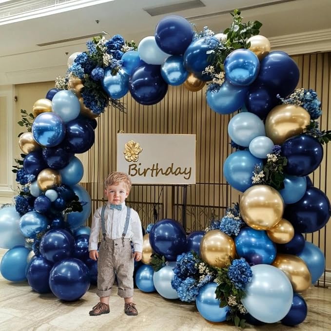 Navy Blue Gold Balloon Arch Kit - Double Stuffed Royal Dusty Blue Gold Balloon Garland Latex Pastel Dark Different Sizes for Graduation Birthday Baby Shower Anniversary Wedding Decor