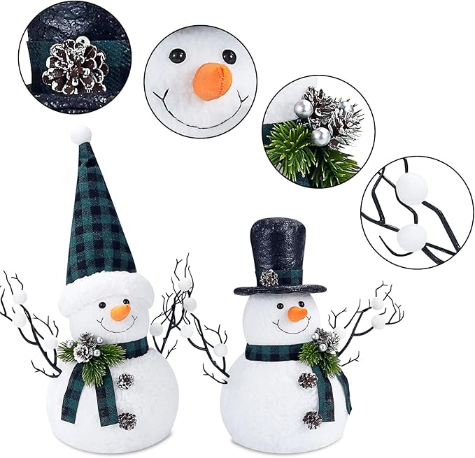2 Pack Green and White Christmas Day Decor, 14" Lighted Plush Christmas Day Snowman Decorations, Light Up Snowman Holiday Present, Table Mantel Desk Fireplace Shelf Home Holiday Minimalist Decor