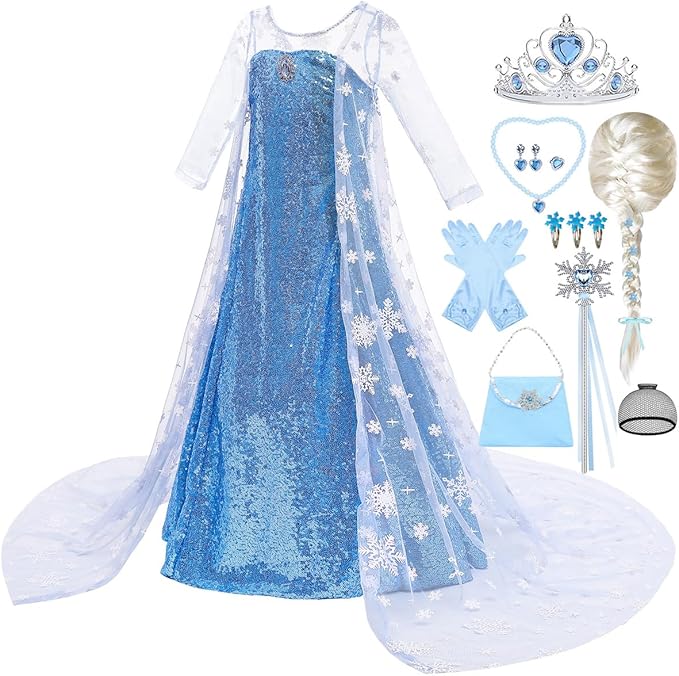 Princess Elsa Dress for Girls Kids Sequin Costume Halloween Birthday Party Dress Up With Accessories