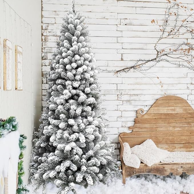 Fraser Hill Farm 10-Ft. Alaskan Pine Flocked Artificial Christmas Tree with Stand, Unlit Foldable Fake Tree with Realistic Snowy Foliage for Home Decoration