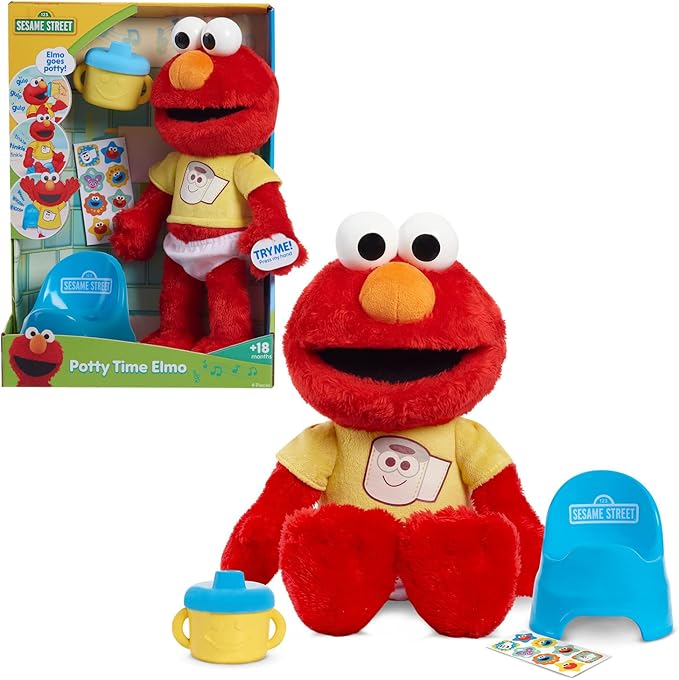 SESAME STREET Potty Time Elmo 12-Inch Sustainable Plush Stuffed Animal, Sounds and Phrases, Potty Training Tool, Officially Licensed Kids Toys for Ages 18 Month by Just Play, Medium
