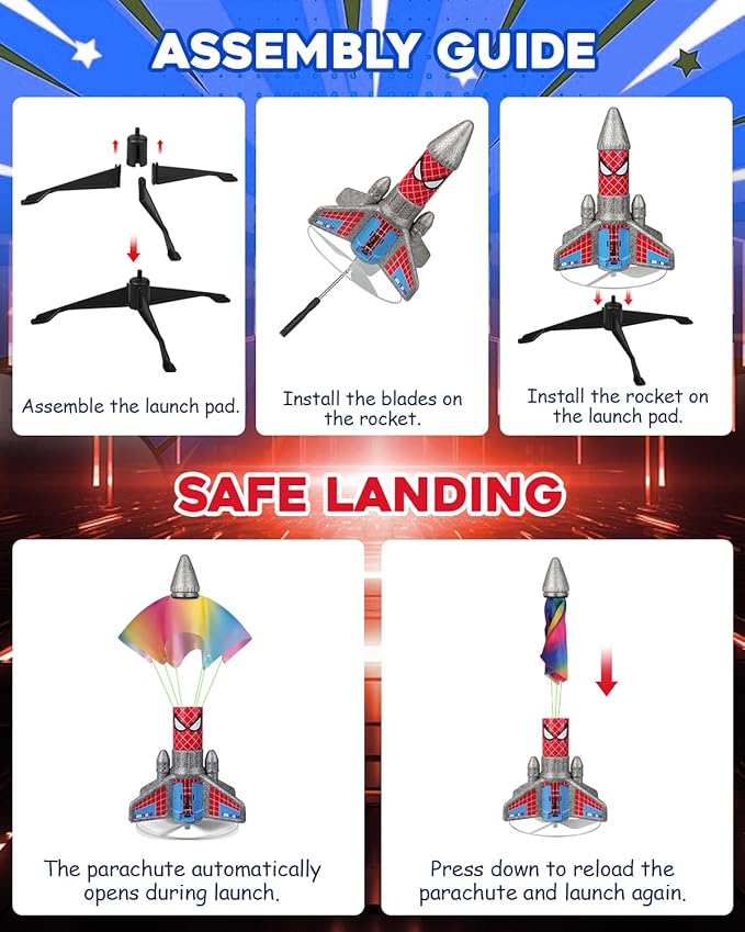 Rocket Launcher for Kids – 2nd Gen Upgraded Design, Electric Auto Launch, 200ft Flight with Safe Parachute, Outdoor Rocket Toy for Boys & Girls, Birthday Gift for Ages 6-13, Spider Pattern
