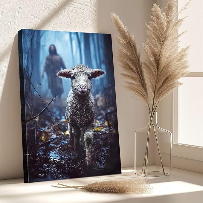 AbcCustomize Jesus Running After Lost Lamb Christian Wall Decor, Religious Wall Decor for Home, Jesus Wall Art Canvas Prints Ready to Hang, Inspirational Christian Art for Prayer Room, Baptism Gift