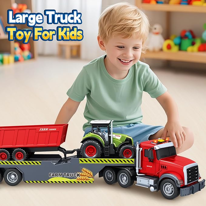 SpringFlower 21“ Extra Large Truck Toy, 3 4 5 6 Boys Toys with Tractors and Dump Truck, 3 in 1 Vehicle Toy with Sounds & Lights, Christmas Birthday Gift Kids Boy Toddlers Age 3 4 5 6 7