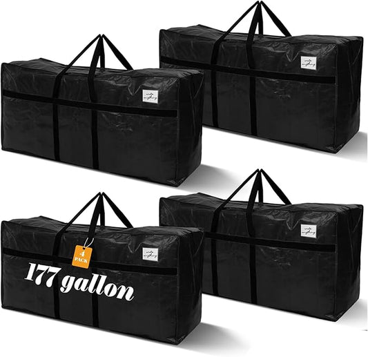 Windyun 4 Pack 177 Gallon Extra Large Storage Bags XXL Moving Bags with Zipper Handles Heavy Duty Jumbo Big Totes Box for Halloween Skeleton 4-12 Feet Christmas Tree Storage College Dorm Cloth (Black)