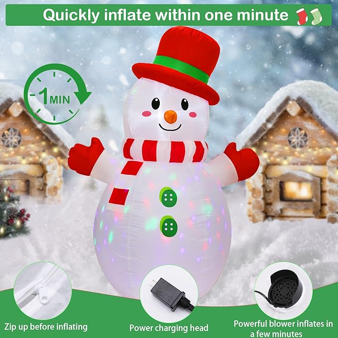 Peyton 6FT Inflatable Snowman Outdoor Decorations, Blow up Snowman Inflatable with Rotating Built-in LED Light, Christmas Inflatable Yard Decoration Indoor and Outdoor.
