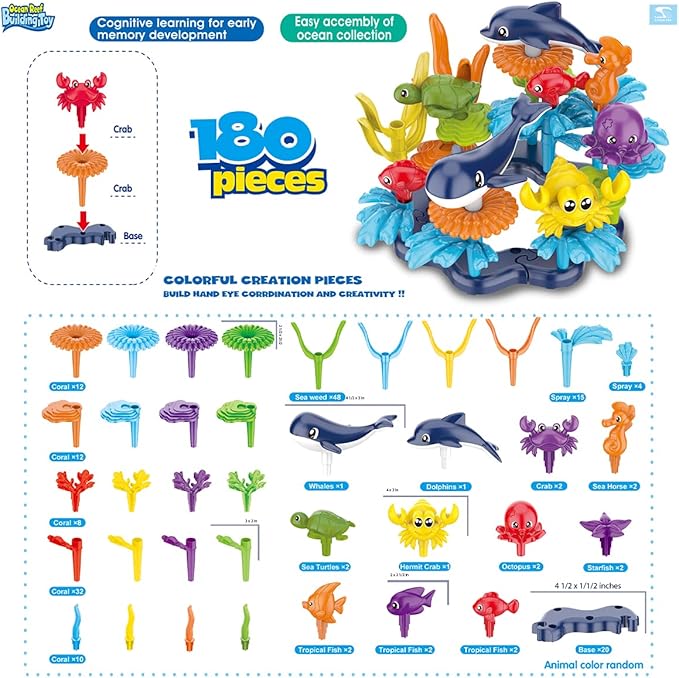 Ocean Reef 180pcs Building Set, STEM Toy for Kids Age 3, 4, 5, 6, Interlocking Toy Building Block