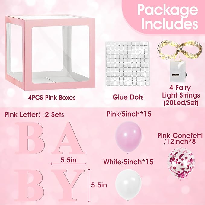 Ledido Baby Boxes with Letters for Baby Shower Decoration, 4 pcs Clear Baby Balloon Boxes Blocks with LED Fairy String Lights 38 Balloons for Boy Girl Gender Reveal Birthday Party (Pink)