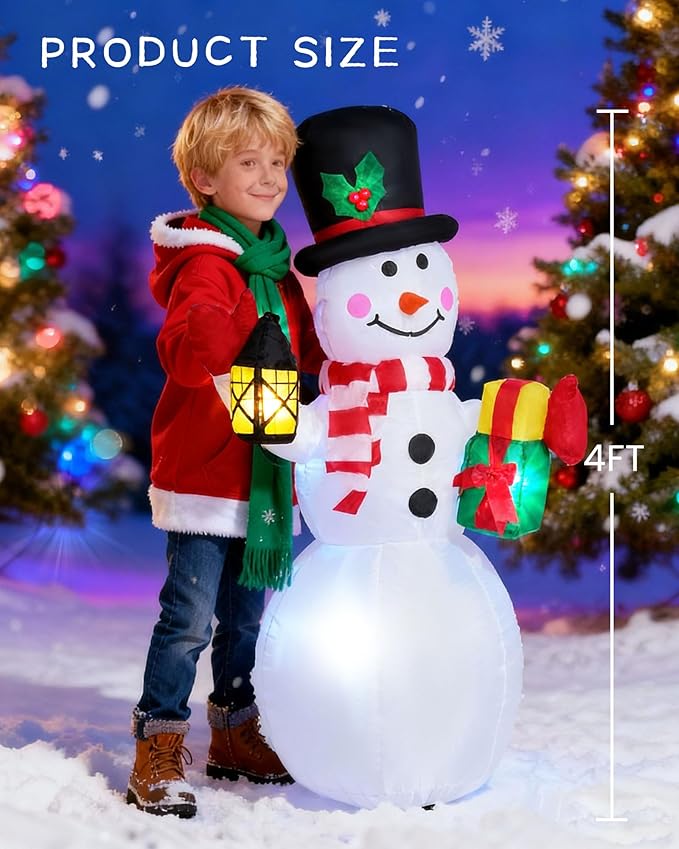 4FT Inflatable Christmas Snowman with Lantern, Blow Up Outdoor Navidad Decor with Built-in Rotating LED Lights for Lawn, Garden, Patio Holiday