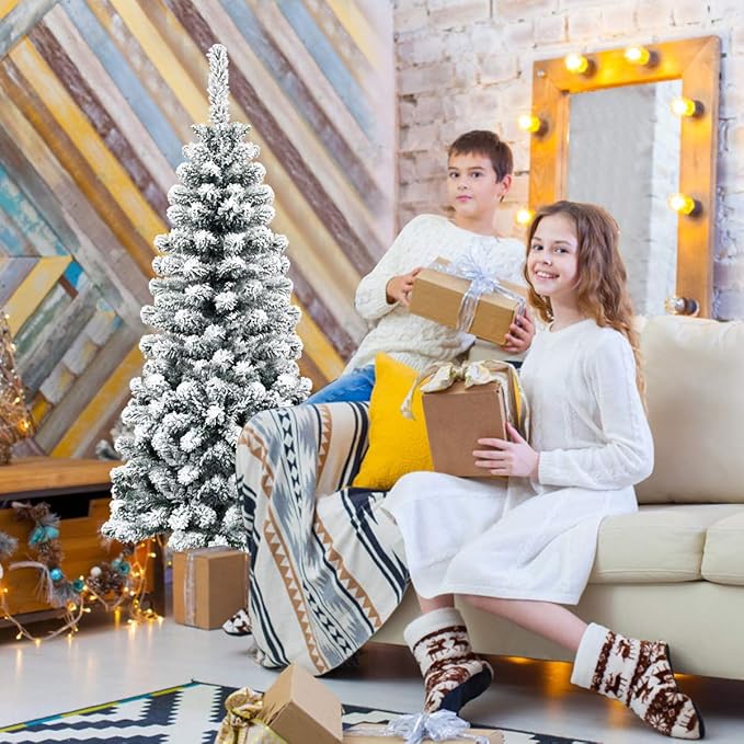 Happygrill 4.5FT Snow Flocked Pencil Christmas Tree Artificial Slim Xmas Tree for Indoor Outdoor Festival Decoration