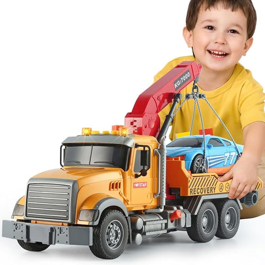 Toy Tow Truck with Crane and Car – Recovery Truck Toy for Kids Age 3 4 5 6, Construction Playset with Lights and Sounds,Birthday Gifts for Boys