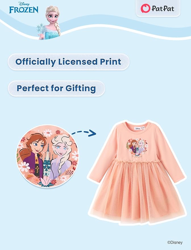 Disney Frozen Elsa Princess Cinderella Ariel Jasmine Rapunzel Baby/Toddler Dress, Ruffle Long-Sleeve Mesh Overlay Tulle Dress