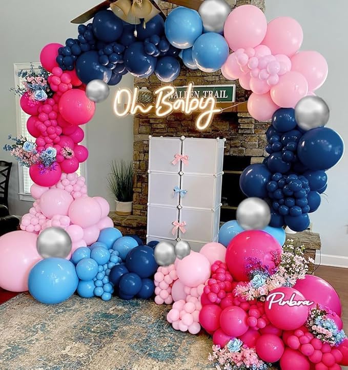 Navy Blue Pink Balloon Garland Double Stuffed Dark Blue Hot Pink Silver Balloons Royal Pastel Balloon Arch Kit for Birthday Gender Reveal Baby Shower Graduation Hawaii Party Decorations