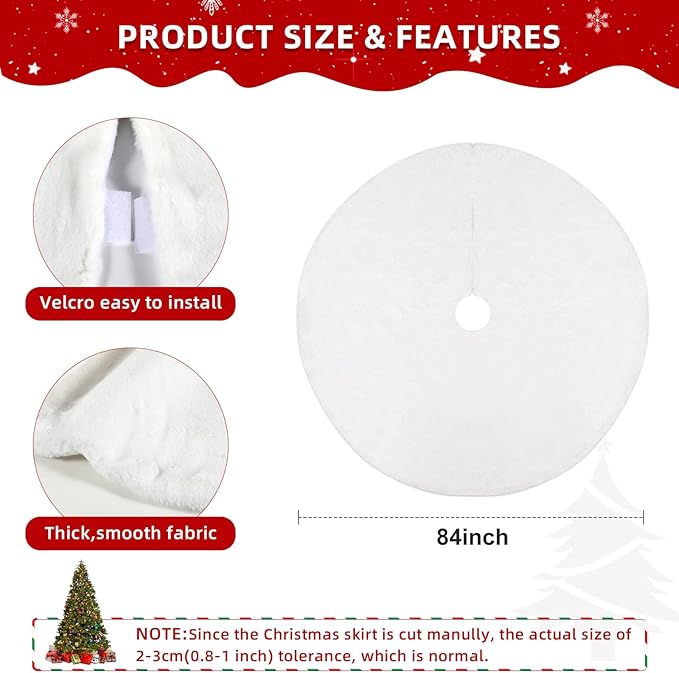84 Inch Faux Rabbit Fur Christmas Tree Skirt - Premium Snow-White Plush with 3 Hook and Loop Closures for 7.5-15 Ft Trees