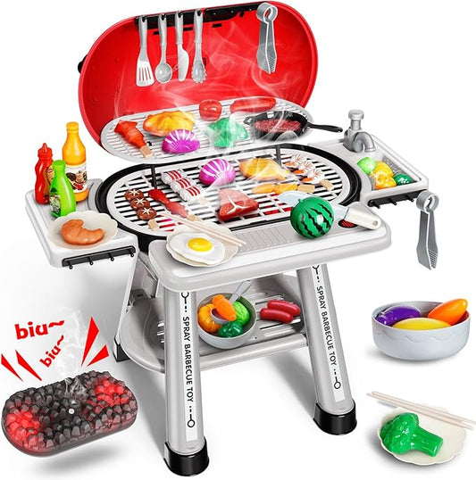 Kids BBQ Grill Playset,Indoor Kitchen Toy,Play Toy Grill Set with Fake Smoke Lights Sounds,Kids Grill Playset Kitchen Toys Set with Sink,2-Layer Barbecue Outdoor Play Grill Toy for Toddler Boys Girls