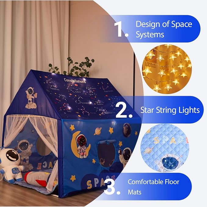Space Rocket Ship Kids Tent with Mat, Star Lights for Boys & Girls Aged 3+ Toddler for Indoor Outdoor Playhouse Tent Set Sizes 47×46.8×38.1In,Washable